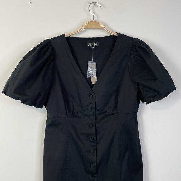 J. Crew Button Front Puff Sleeve Mini Dress Black Size 14 Capsule Minimalist - Picture 6 of 12